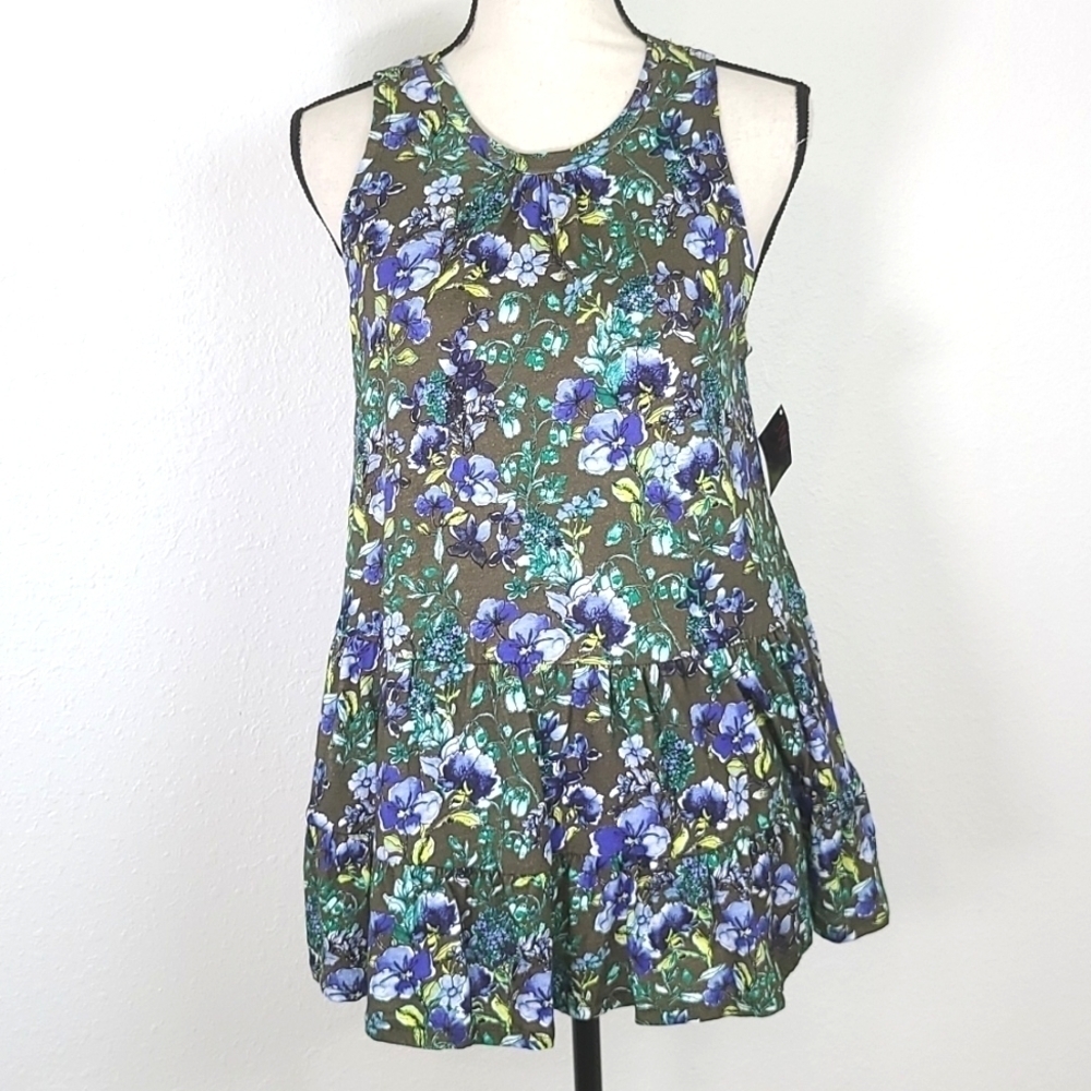 *NWT* JW Floral Green/Violet/Yellow Sleeveless Peplum Top, size Small